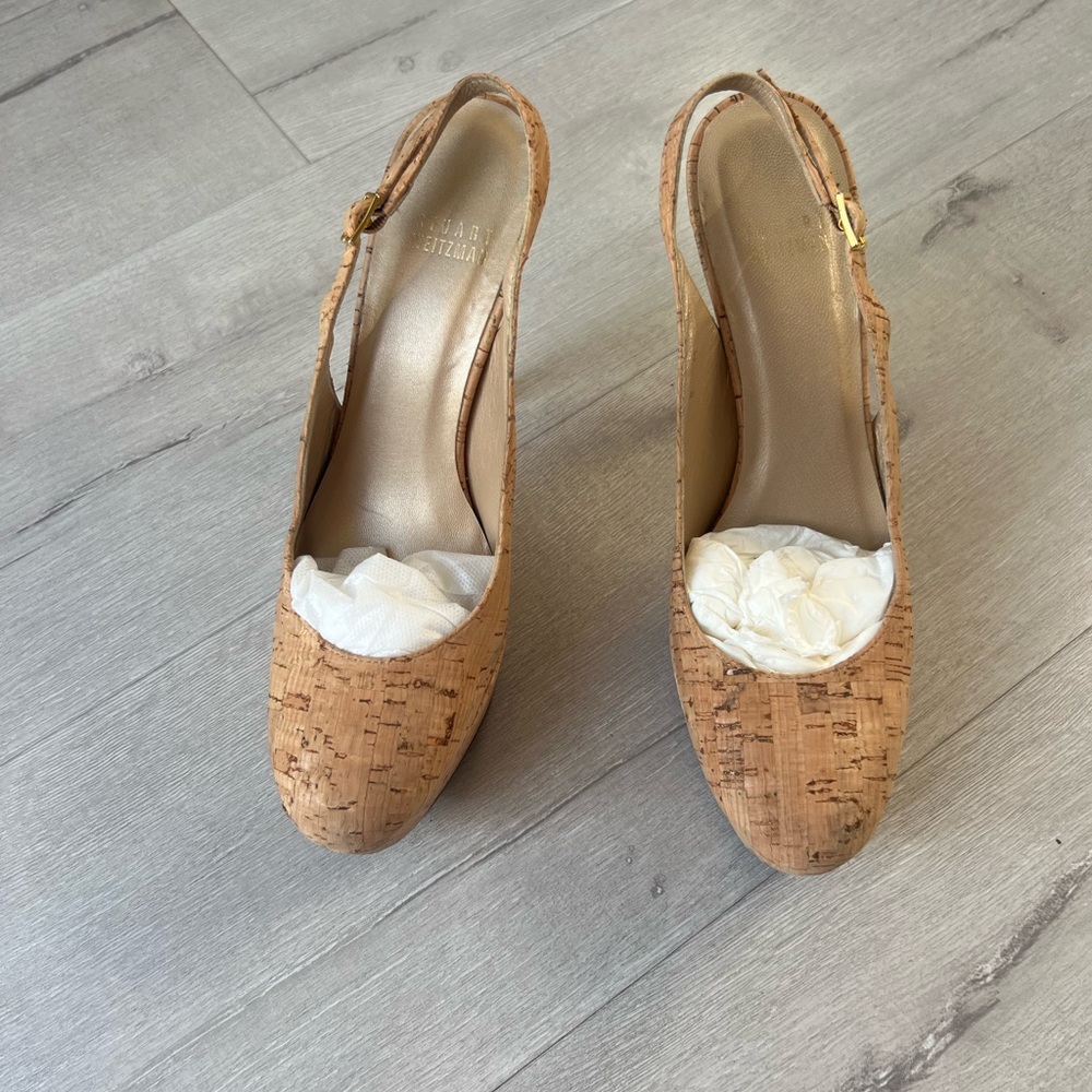 Stuart Weitzman cork platform sling backs